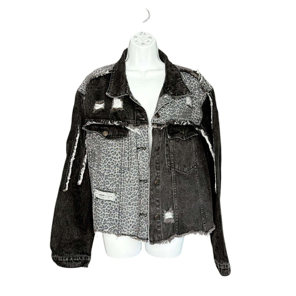 White Birch Distressed Denim & Leopard Print Contrast Jacket